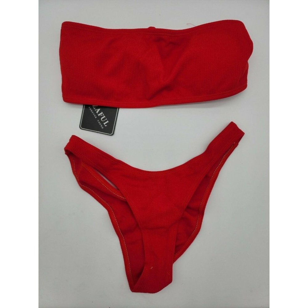 Women's Zaful High Cut Ribbed Bandeau Bikini Set,